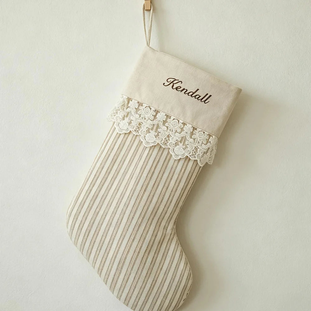 Custom Gingham Cotton Christmas Stocking With Personalized Name Embroidery for Family