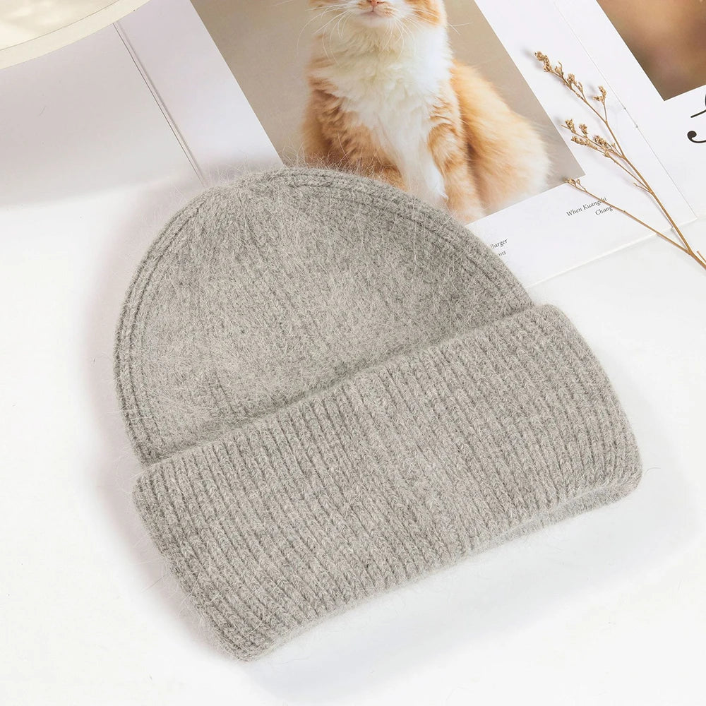 Knit Beanie Hat Real Angora Rabbit Fur Slouchy Skull Cap Winter Warm Stocking Hats