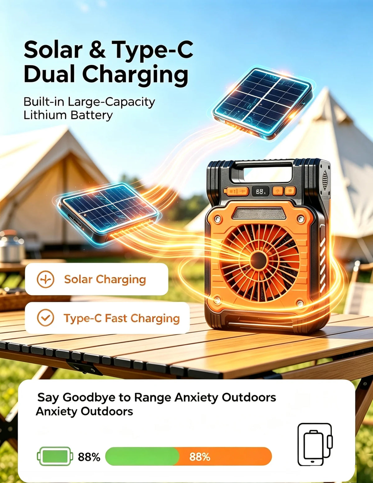 LED Camping Light Fan, Solar USB Portable Strong Wind, Digital Power Display Foldable