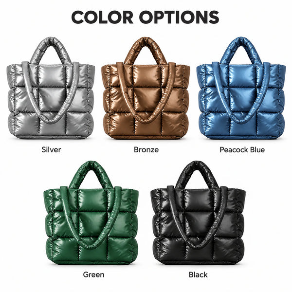 Black Quilted Puffer Fashion Tote Bag Large Capacity Lightweight Portable Polyester Lined