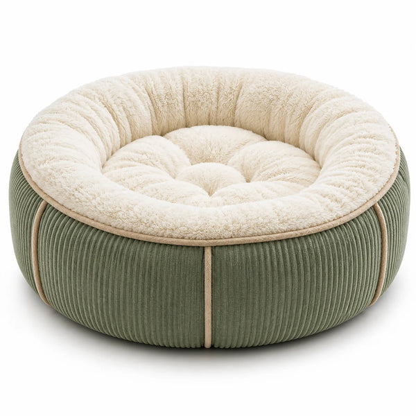 Custom Corduroy Round Pet Bed Faux Fur Calming Donut Dog Bed with Anti-Slip Bottom