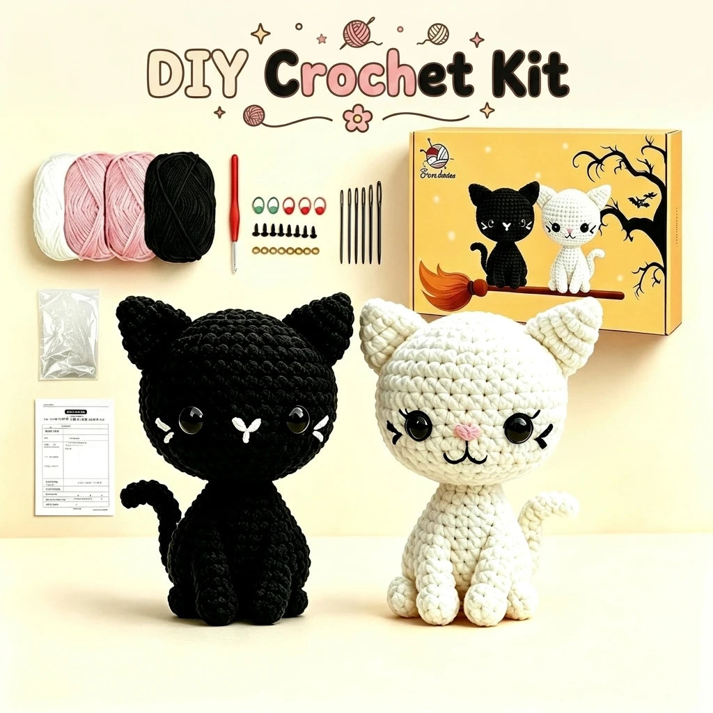 Crochet Kit for Beginners Halloween Magical Cats DIY Crochet Starter Kit for Adults Yarn