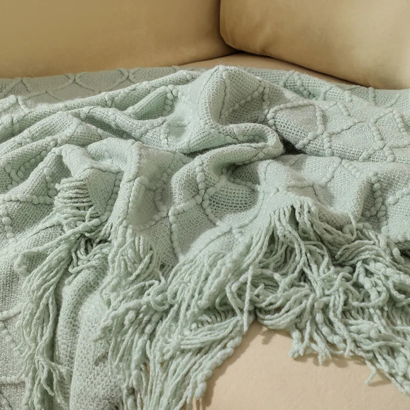 Chunky Knitted Blanket Sofa Throw Blanket With Tassels Weighted Blanket for Winter
