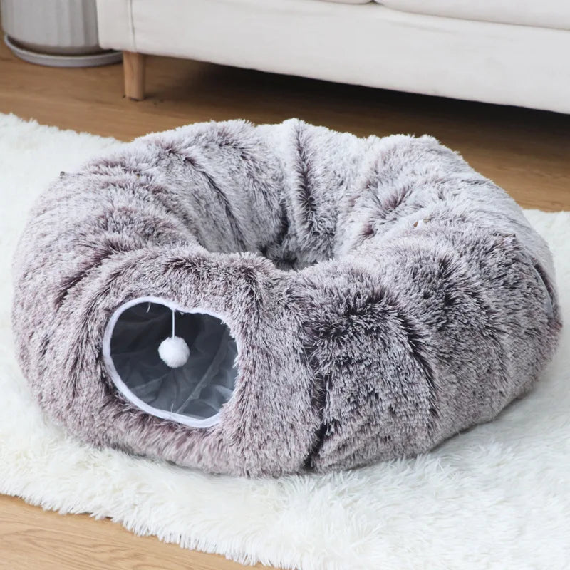 Donut Tunnel Pet Bed for Cats & Small Dogs, 2-in-1 Hideout & Nest, Plush Calming Bed