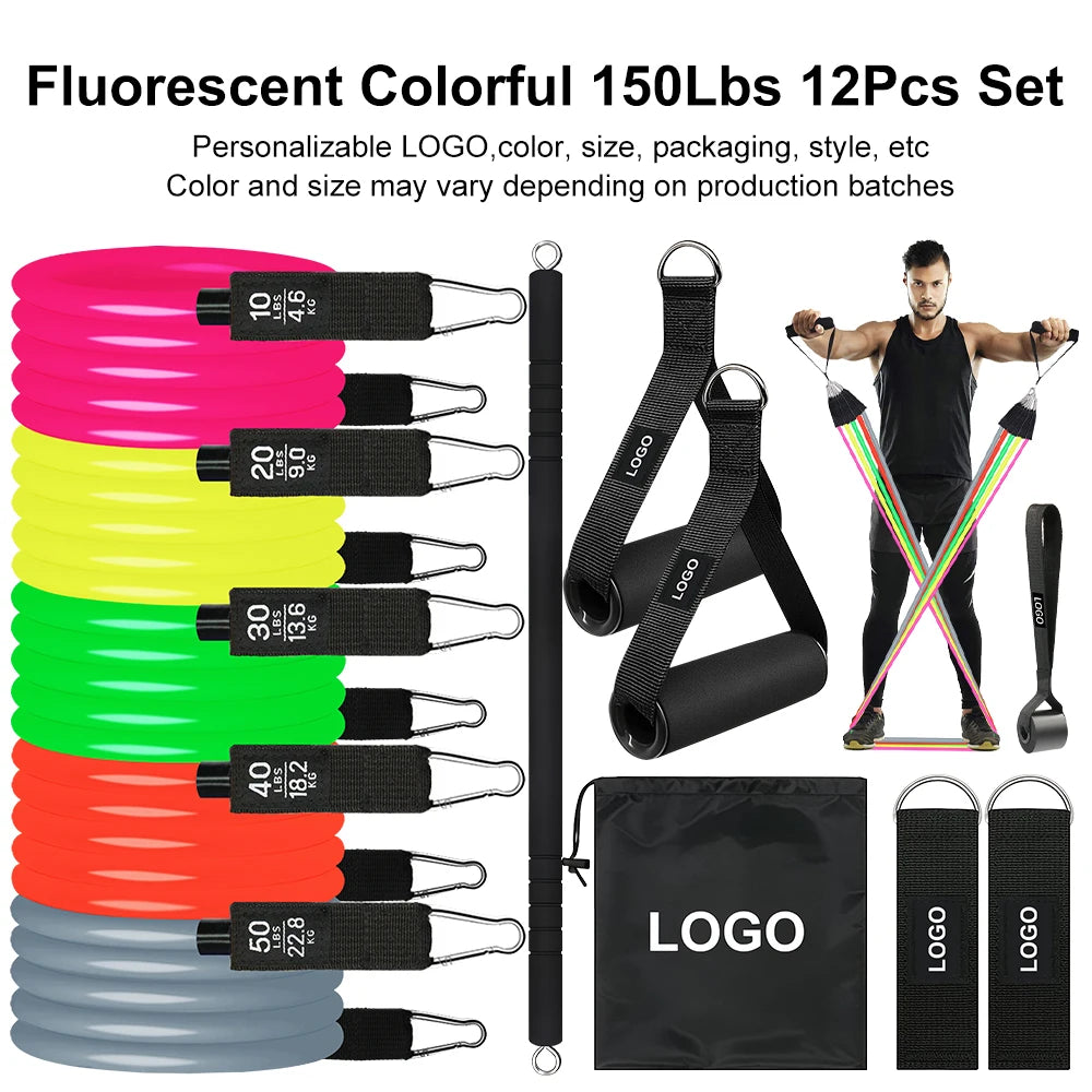 Latex Resistance Band Set 12 Piece 10-50 Lbs Full Body Strength Training Home Gym