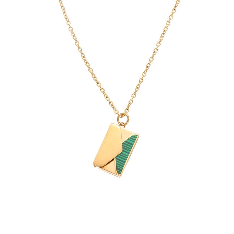 Customized Stainless Steel Envelop Necklace Green Stripe Love Letter Necklace