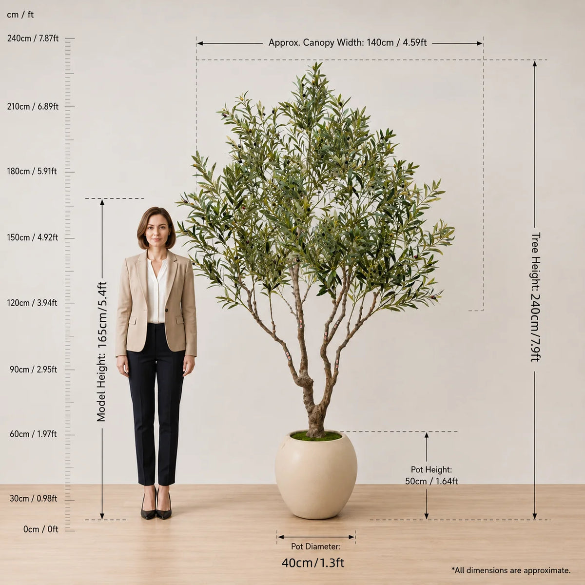 6ft-8ft Large Artificial Olive Tree with Ceramic PP Pot, Freight Saving Detachable