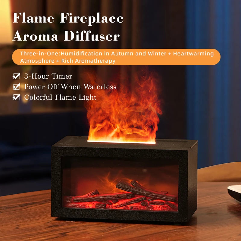 3D Realistic Flame Fireplace Diffuser Humidifier 200ml Large Tank Type-C Charging Quiet