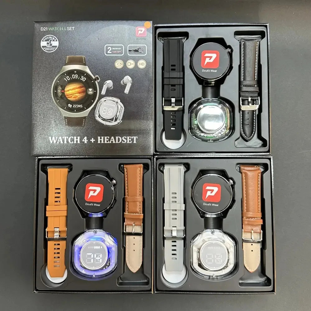 D21 Smart Watch 4 Headphone 2 1 Set Double Strap 1.52 TFT BT Call Heart Rate Sport