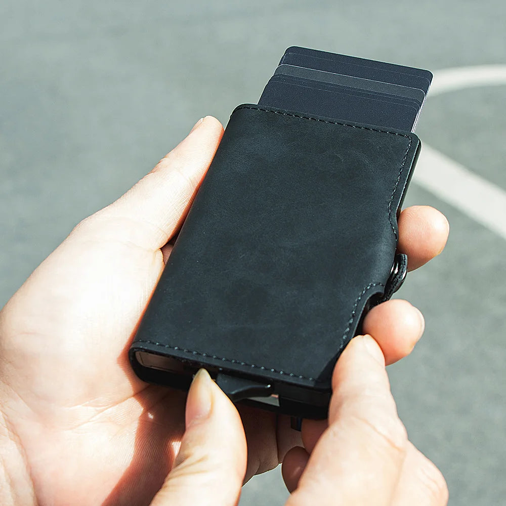 Aluminum Pop Up Card Holder Men PU Leather Minimalist Wallet with Zipper Pocket Credit