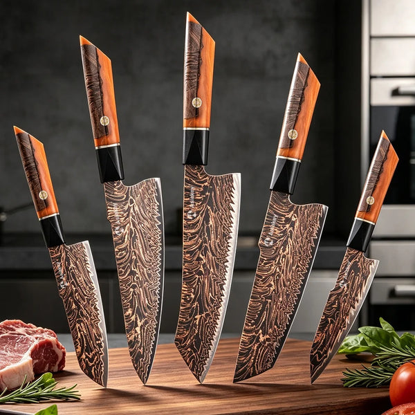 5 PCS 3- Color Copper Cu-Mai Damascus Steel Chef Knife Set With Stabilized Wood Resin