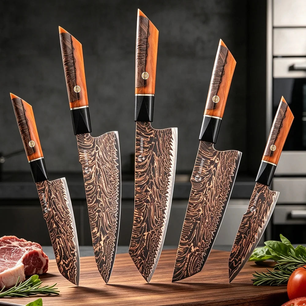 5 PCS 3- Color Copper Cu-Mai Damascus Steel Chef Knife Set With Stabilized Wood Resin