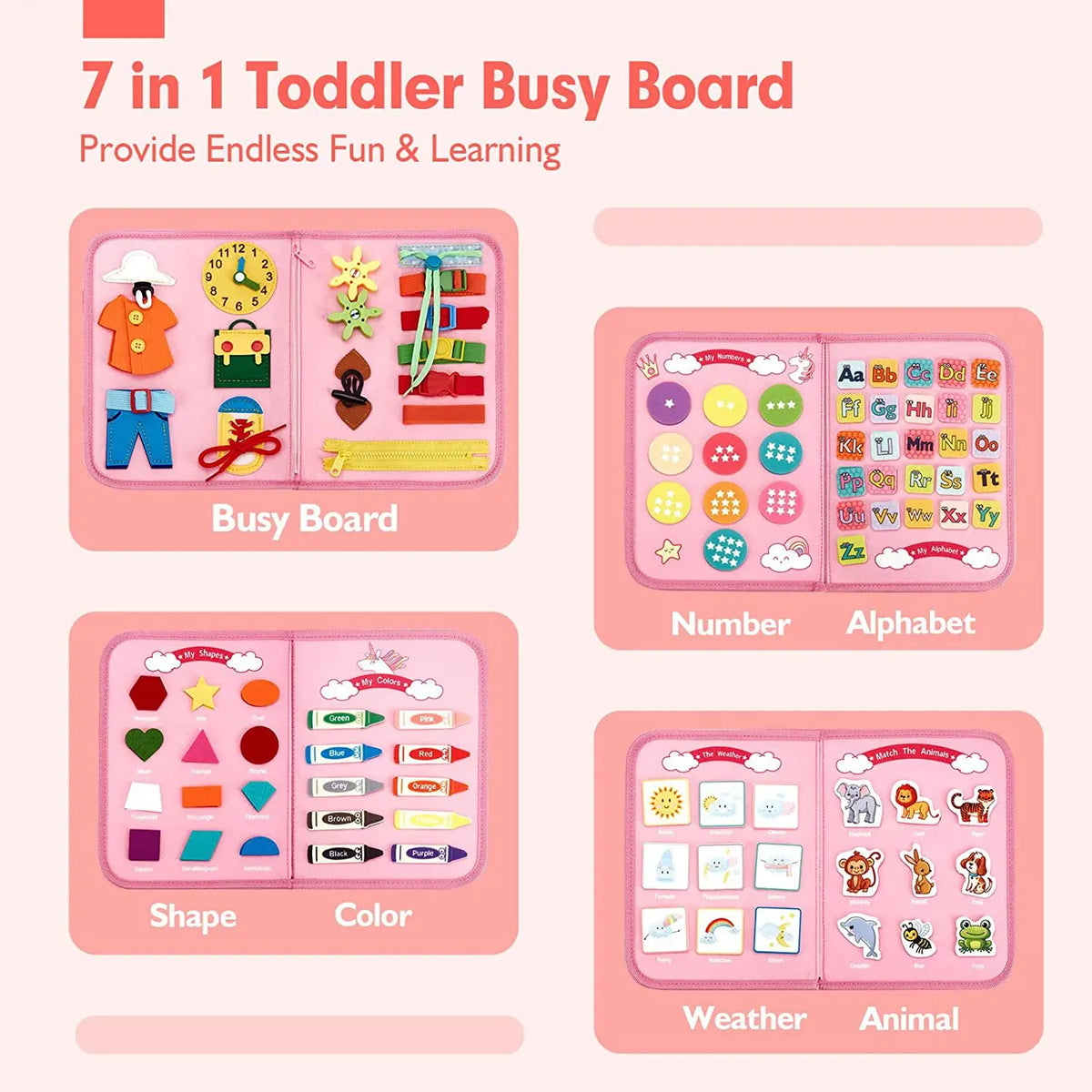 Felt Learning Board Pink Unisex Montessori Early Education Puzzle Busy Fabric 28x44cm
