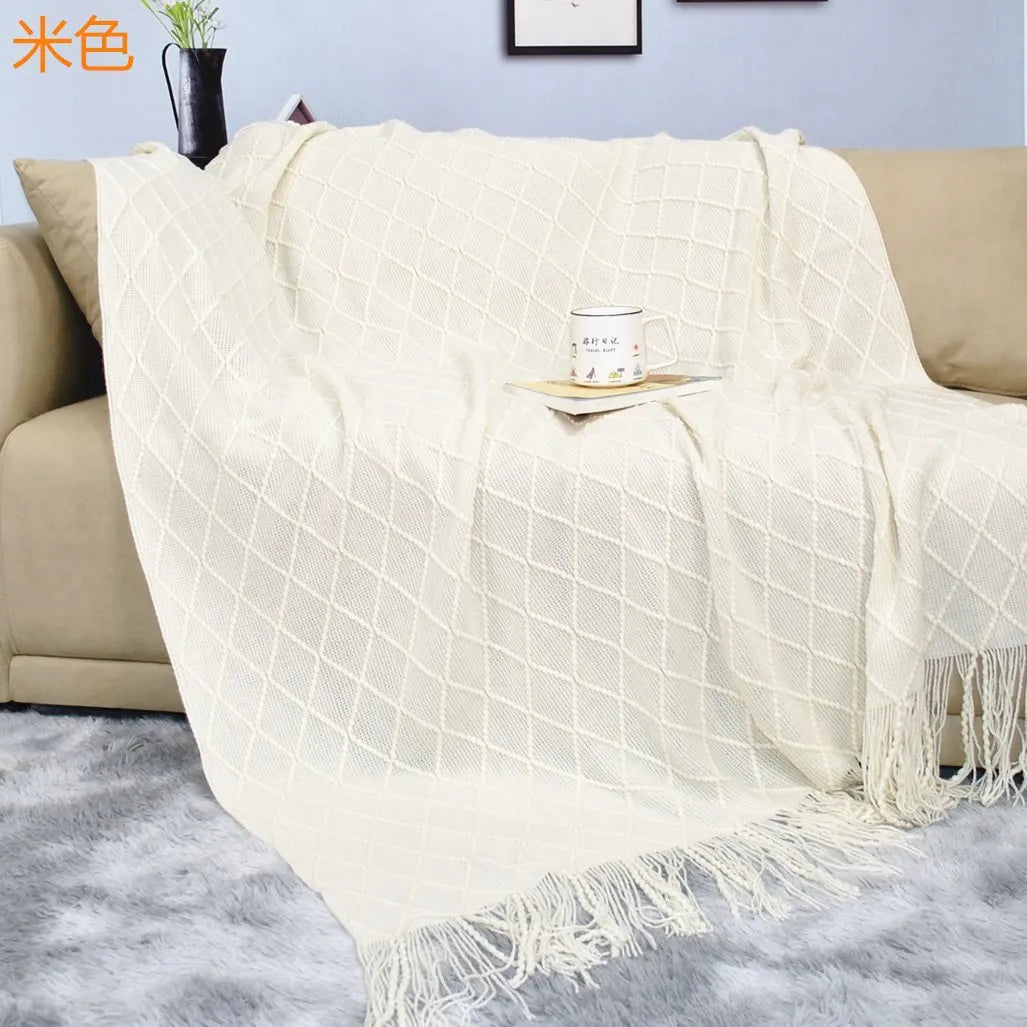 Chunky Knitted Blanket Sofa Throw Blanket With Tassels Weighted Blanket for Winter