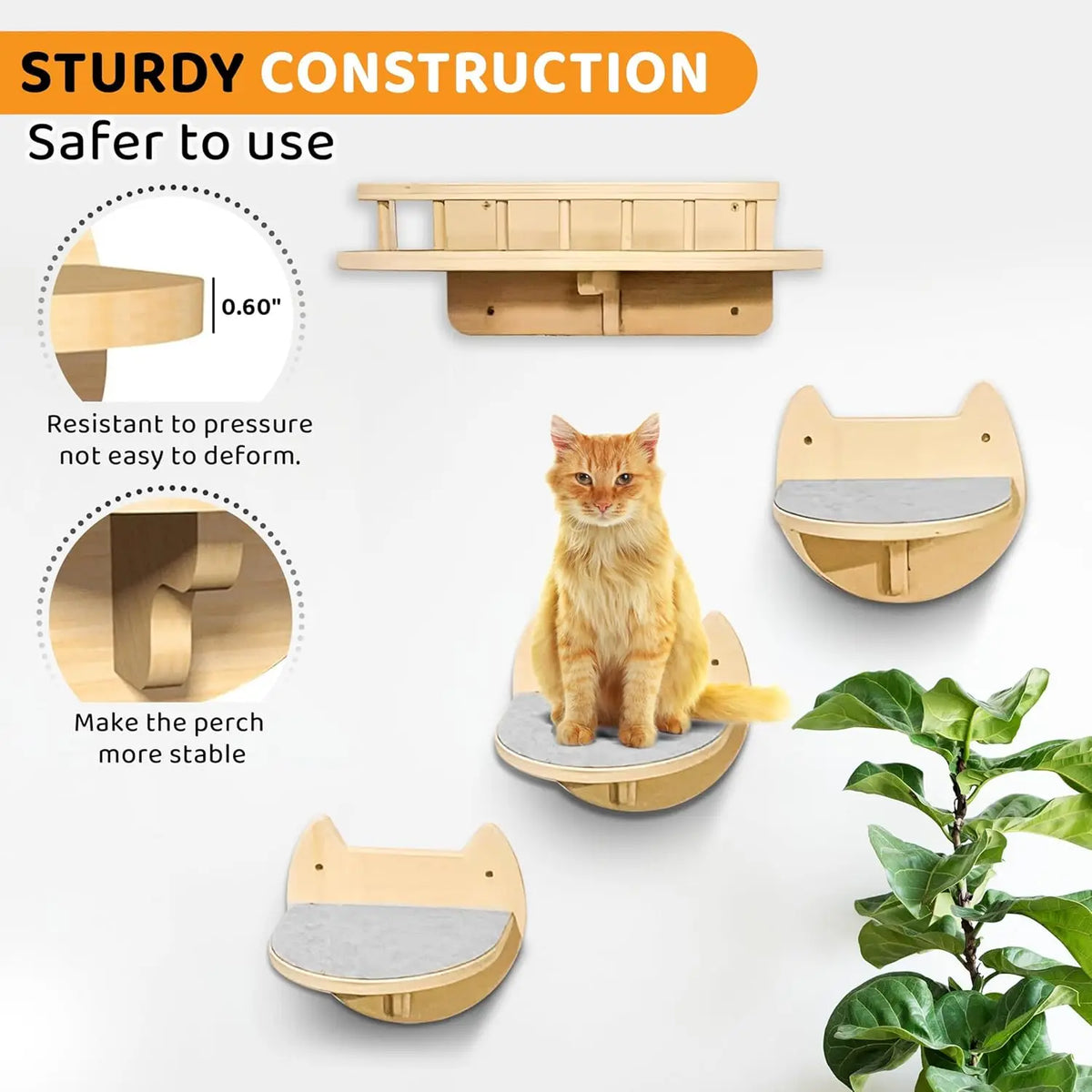 Large Wood Crafts Wall Sign for Cats Wooden Cat Tree with 3 Steps Bed Scratcher Window