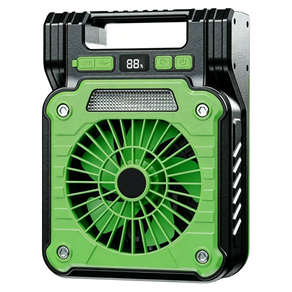 LED Camping Light Fan, Solar USB Portable Strong Wind, Digital Power Display Foldable