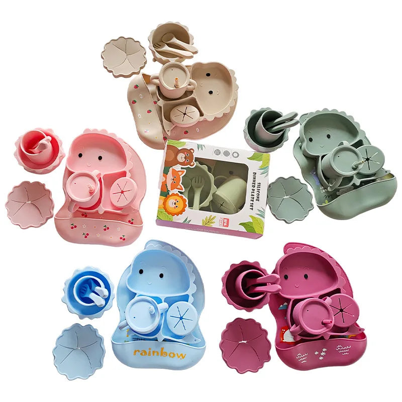 Baby Silicone Feeding Set Suction Plate Bowl Toddler Sippy Cup Cartoon Eco-Friendly Bpa