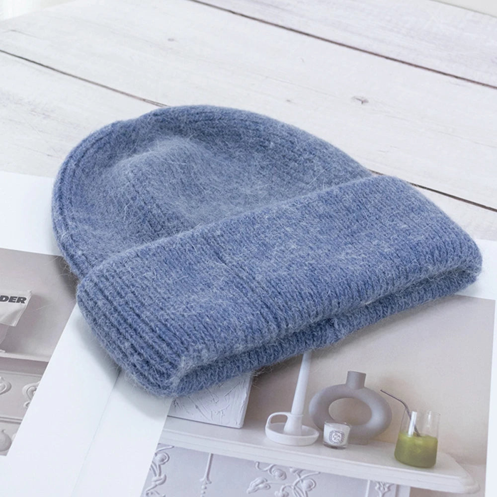 Knit Beanie Hat Real Angora Rabbit Fur Slouchy Skull Cap Winter Warm Stocking Hats