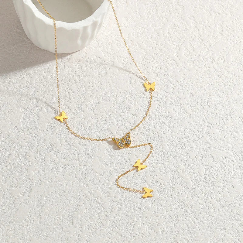 18K Gold Plated Stainless Steel Beaded Tassel Choker Necklace Zircon Butterfly Jewelry