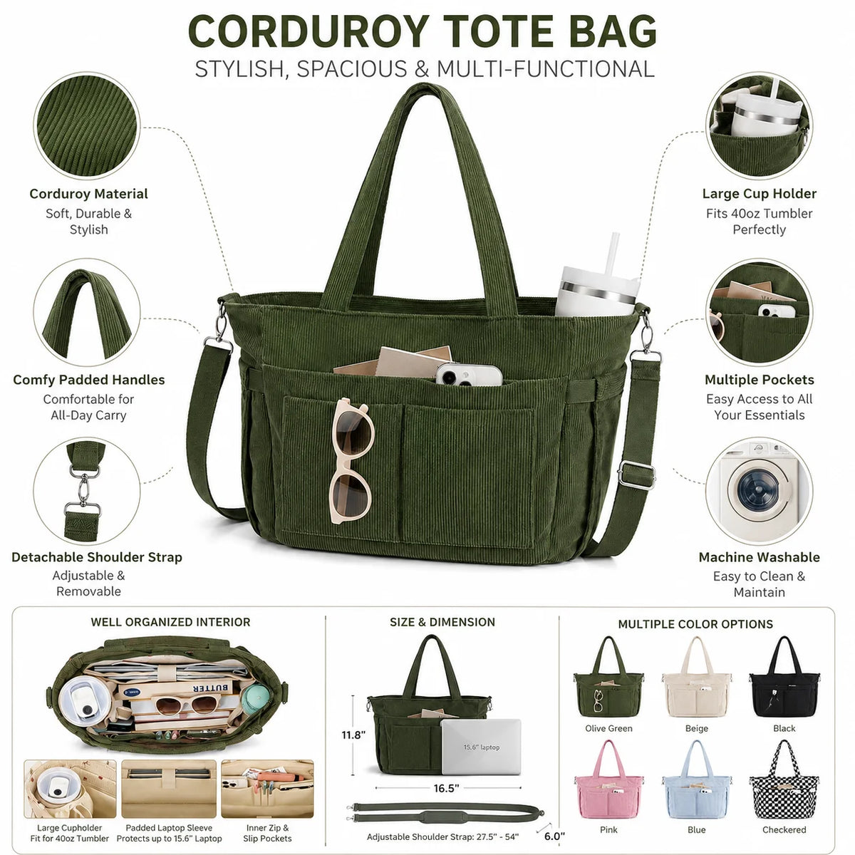 Custom Corduroy Tote Bag for Women 15.6 Inch Laptop Compartment Cup Holder Multi Pocket
