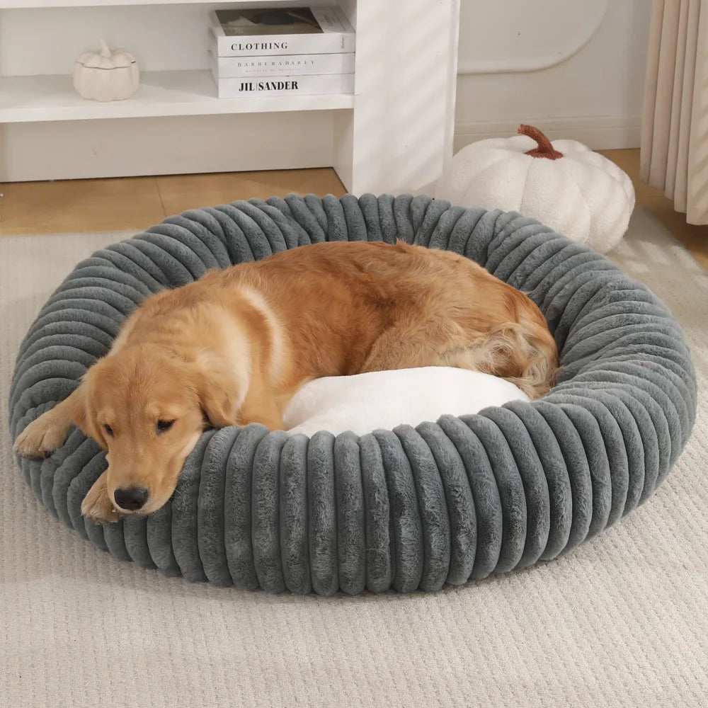 Plush Ribbed Round Solid Pattern Dog Bed Calming Donut Pet Cushion in Box/Carton