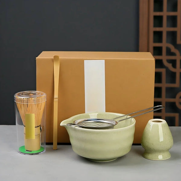4pcs Matcha Tea Set Bamboo Whisk Stainless Steel Sifter Scoop with Ceramic Bowl