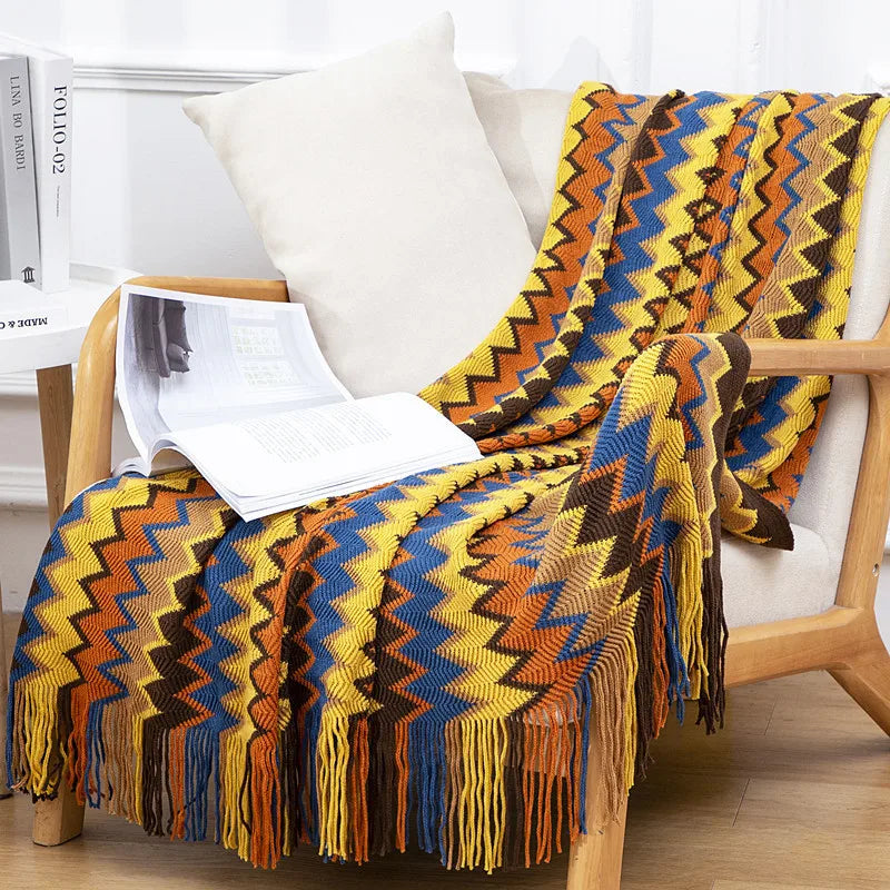 Chunky Knitted Blanket Sofa Throw Blanket With Tassels Weighted Blanket for Winter