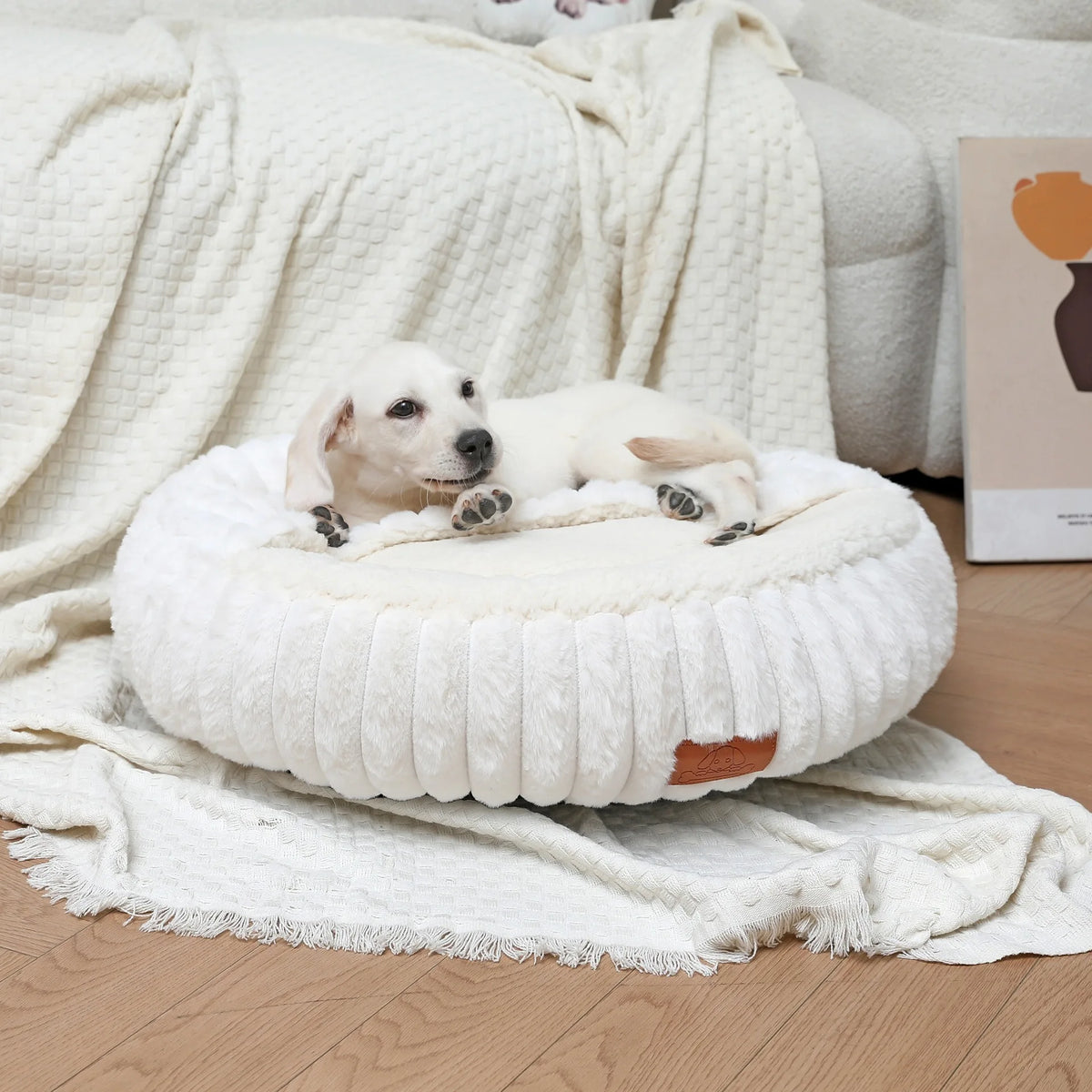 Hooded Faux Fur Donut Pet Bed for Cats and Small Dogs, Machine Washable