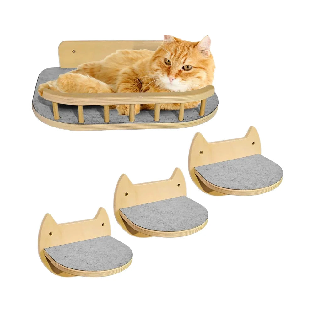 Large Wood Crafts Wall Sign for Cats Wooden Cat Tree with 3 Steps Bed Scratcher Window