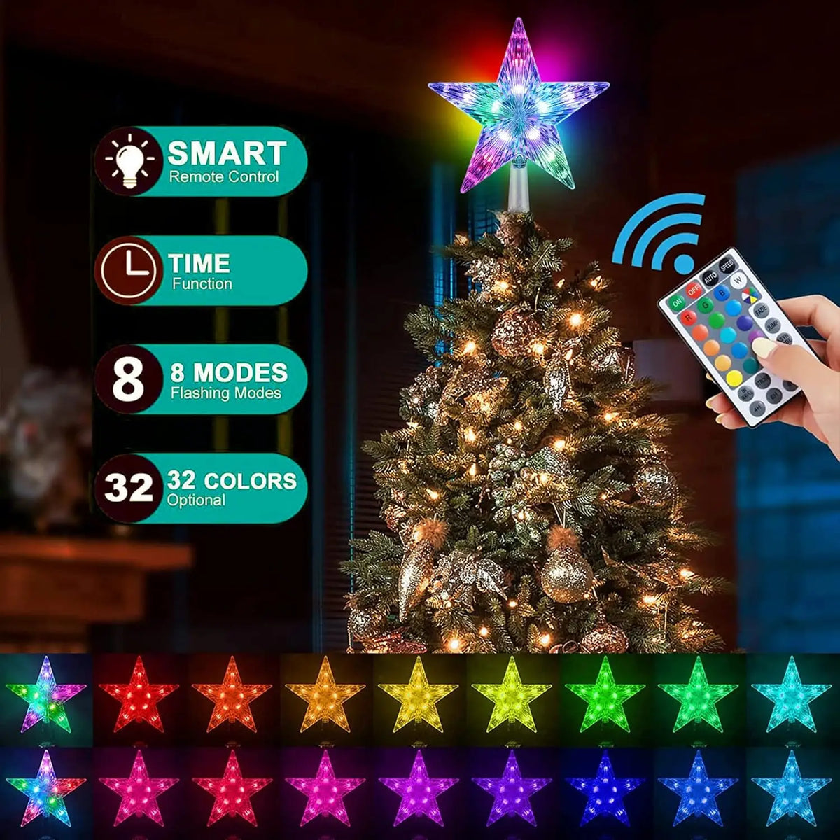 USB RGB LED Christmas Tree Topper Star with Remote & 3M Wire, Color Changing Timing Xmas