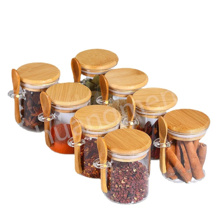 Customized 8pcs 180ml High Borosilicate Glass Sealed Bamboo Lid Storage Jar Sets