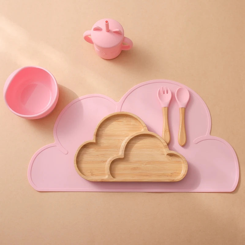 PGJ1201 Cartoon Design Silicone Baby Tableware Set Includes Plate Bowl Spoon Fork Sippy