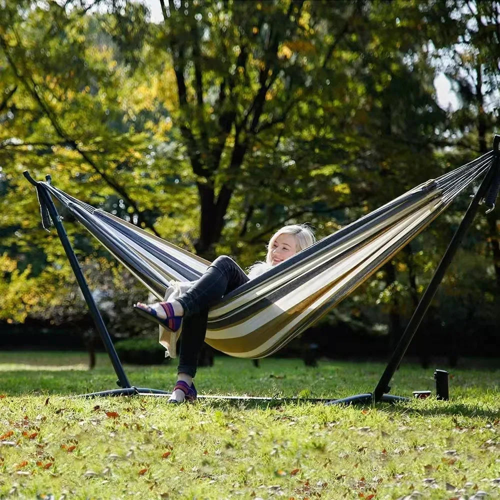 New Striped Canvas Hammock with Stand Breathable & Wear-Resistant Camping Hiking 2 Person