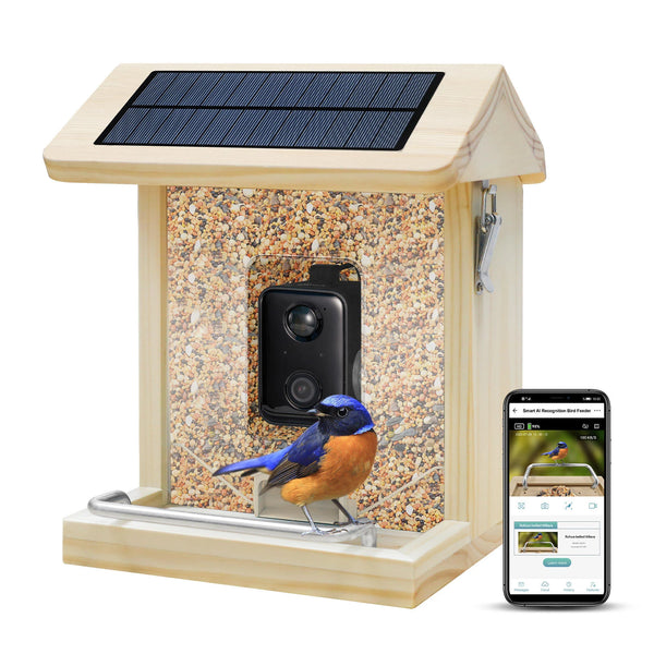 Smart Wooden Bird Feeder with Camera Waterproof Bird Camera with Solar Panel AI