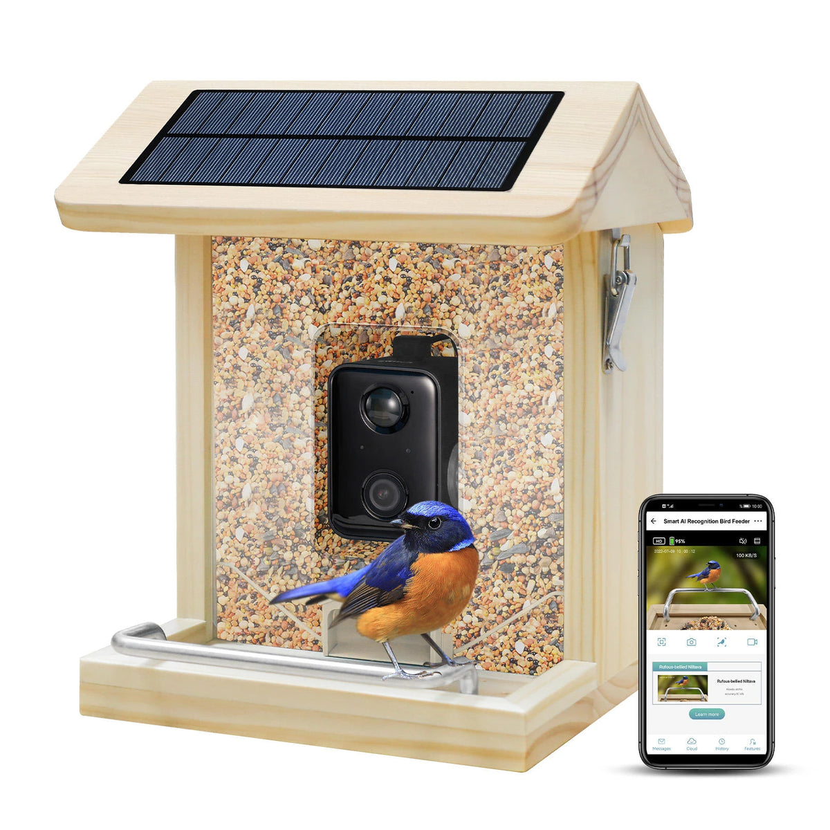 Smart Wooden Bird Feeder with Camera Waterproof Bird Camera with Solar Panel AI