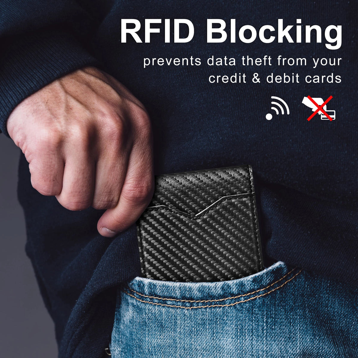Minimalist Carbon Fiber Leather Bifold Mens Wallet Slim RFID Blocking Credit Card Holder