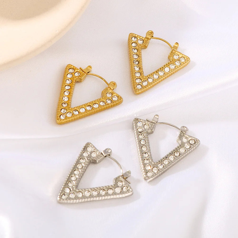 Minimalist Stainless Steel Triangular Zircon Huggie Earrings Geometric 18k Gold-Plated