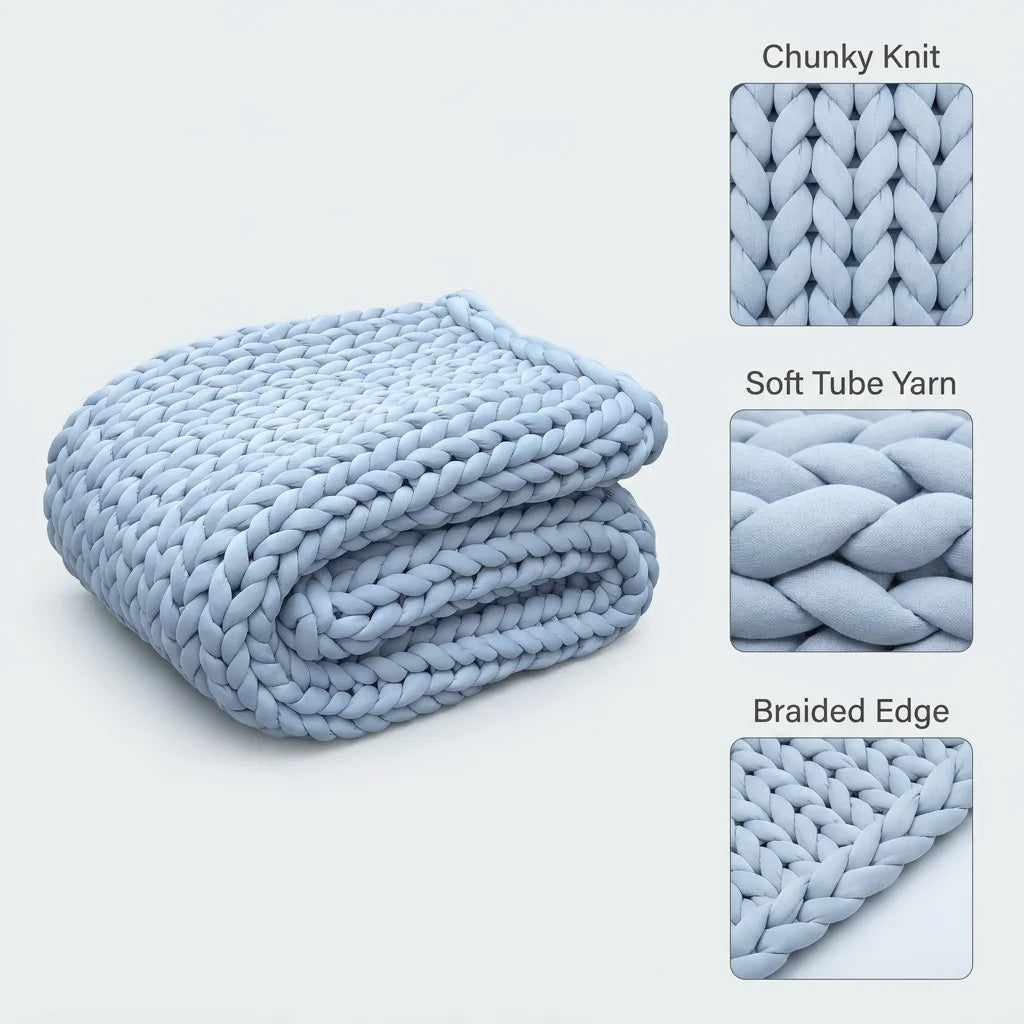 Handmade Premium Chunky Knitted Weighted Blanket for Anxiety Relief, Breathable Cotton