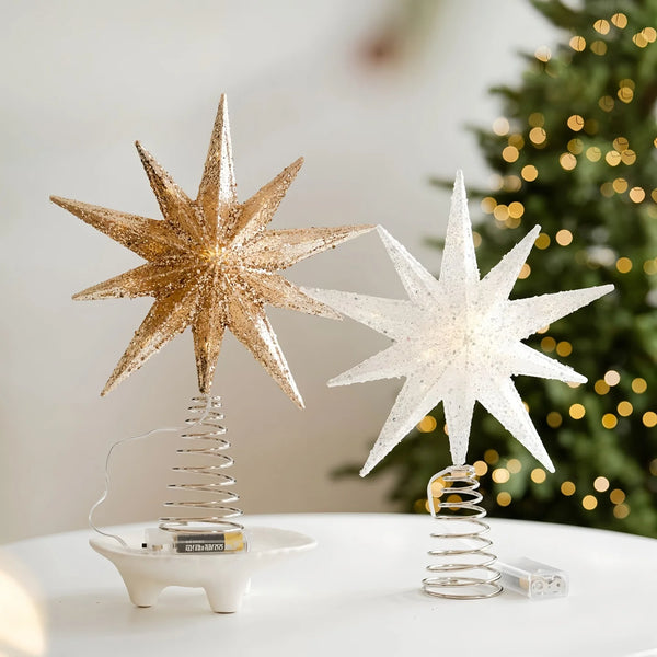 Glowing Christmas Tree Toppers LED Light Up Glitter Gold Silver 10-Point Star Treetop