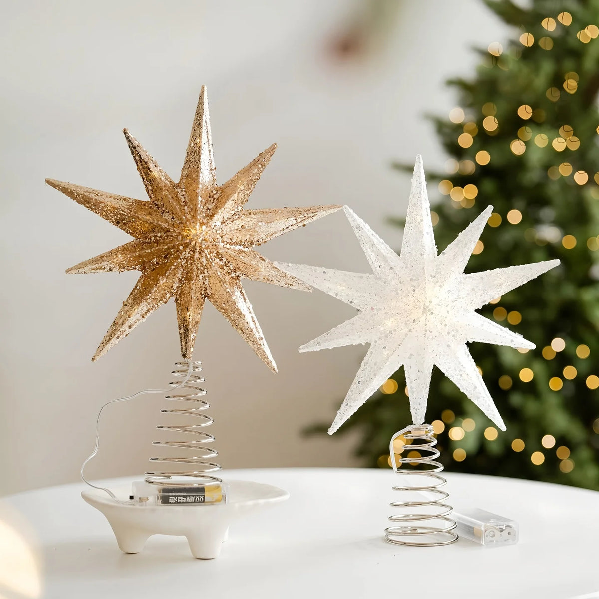 Glowing Christmas Tree Toppers LED Light Up Glitter Gold Silver 10-Point Star Treetop