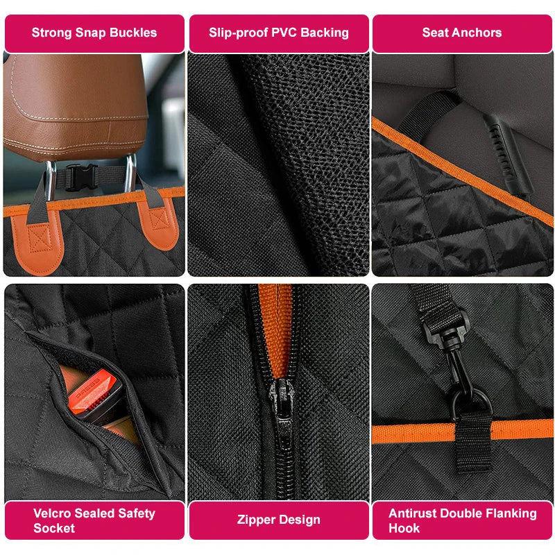 Diamond Quilted Dog Car Seat Cover Orange Piping Hammock with Bone Shape Mesh Window