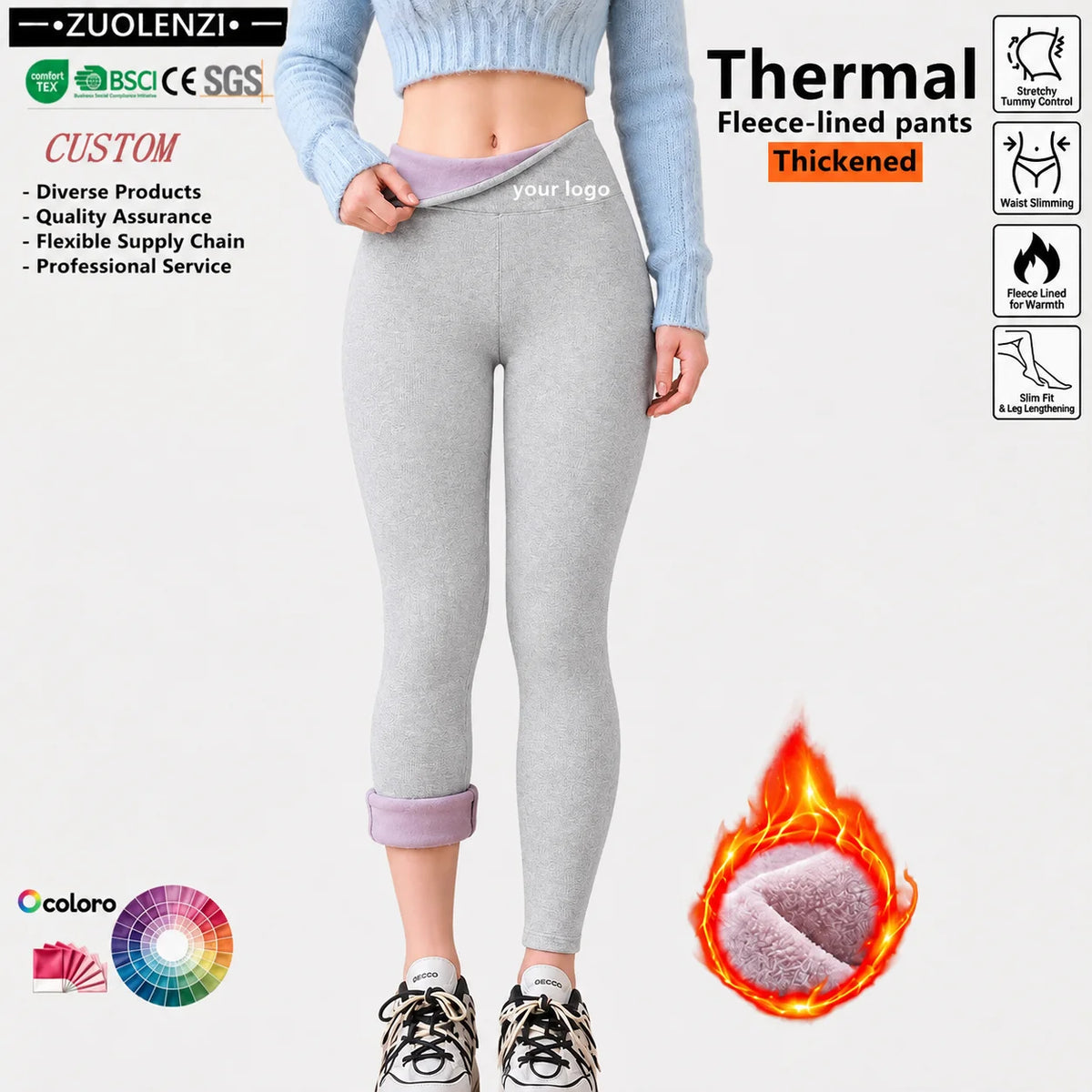 Womens Light Gray Fleece Leggings Purple Sherpa Lined High Waist Thick Winter Thermal