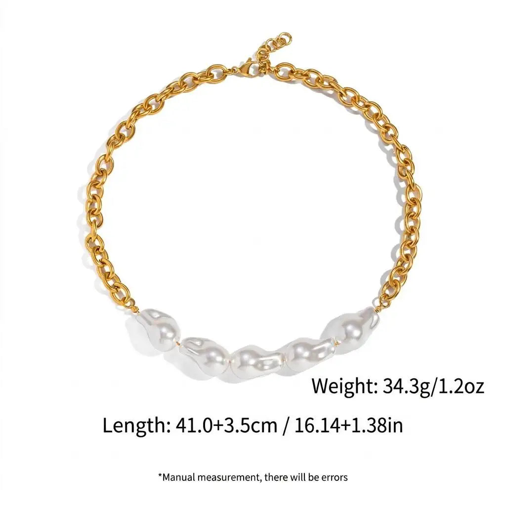 18K Gold Plated 304 Stainless Steel Shell Baroque Pearl Link Vintage Statement Necklace