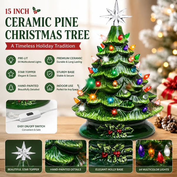 15 Inch Pre Lit Ceramic Pine Christmas Tree 64 Multicolor Lights Star Topper Hand Painted