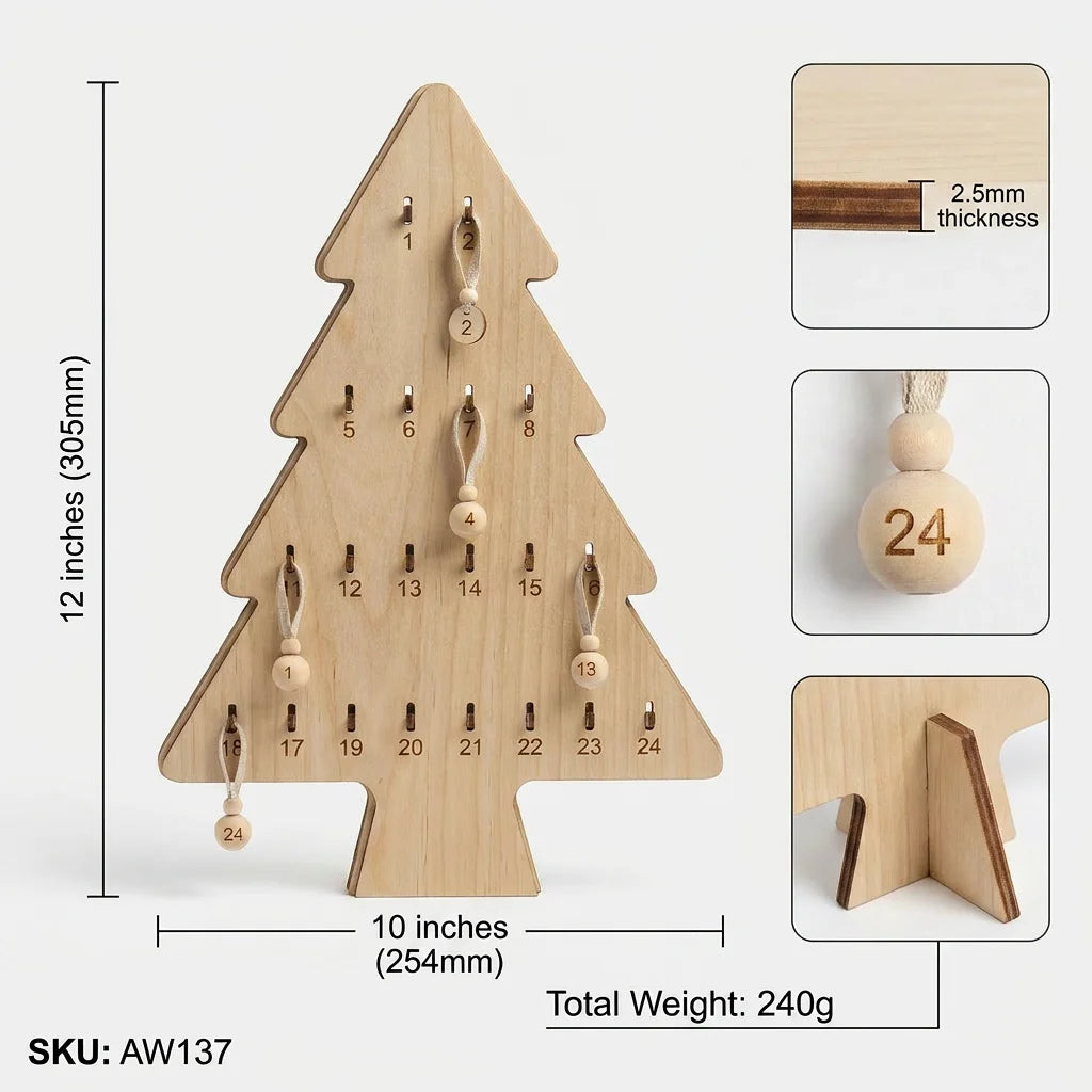 Christmas Wooden Crafts Advent Tree | 24-Day Countdown Calendar with Hooks | Laser Cut