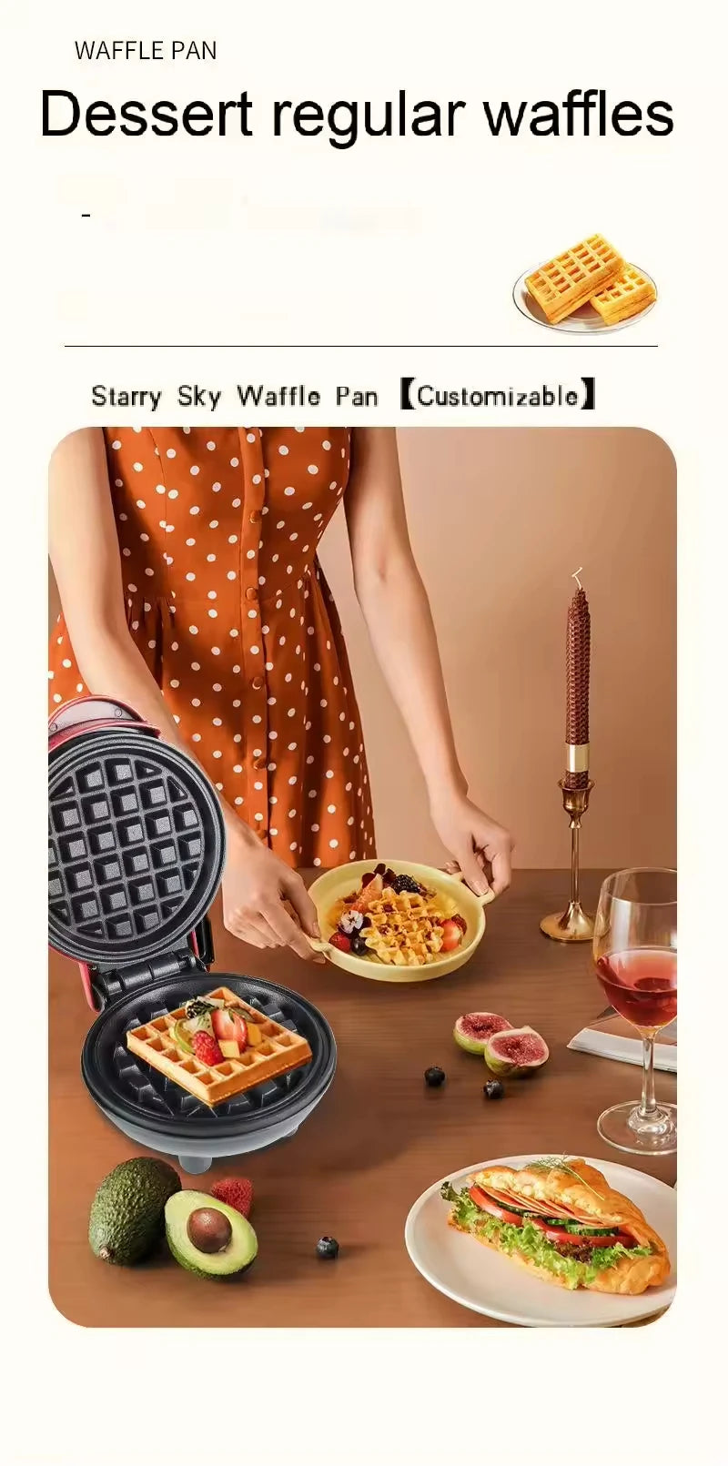 Mini Electric Waffle Maker for Breakfast Sandwich Home Bread Cake Baker with Pot Dutch