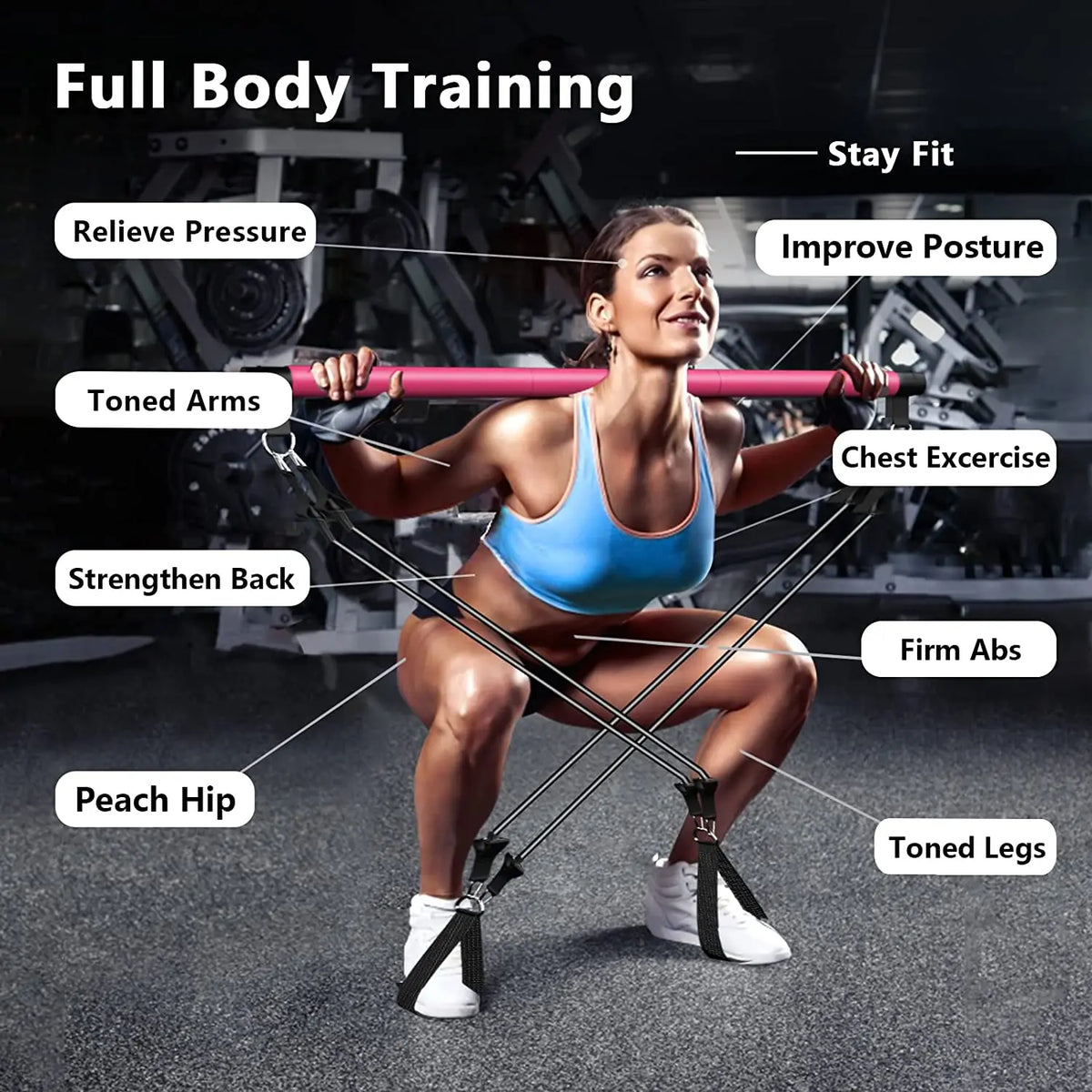 Home Portable 3 Sections Pilates Bar Kit with Resistance Bands for Men and Women Home Gym