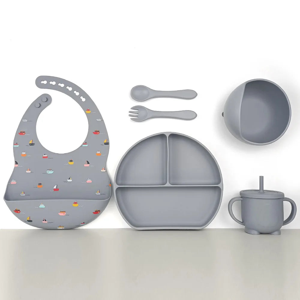 8pc Bebe Silicone Feeding Set Toddler Weaning Set Suction Bottom Infant Dining Tableware
