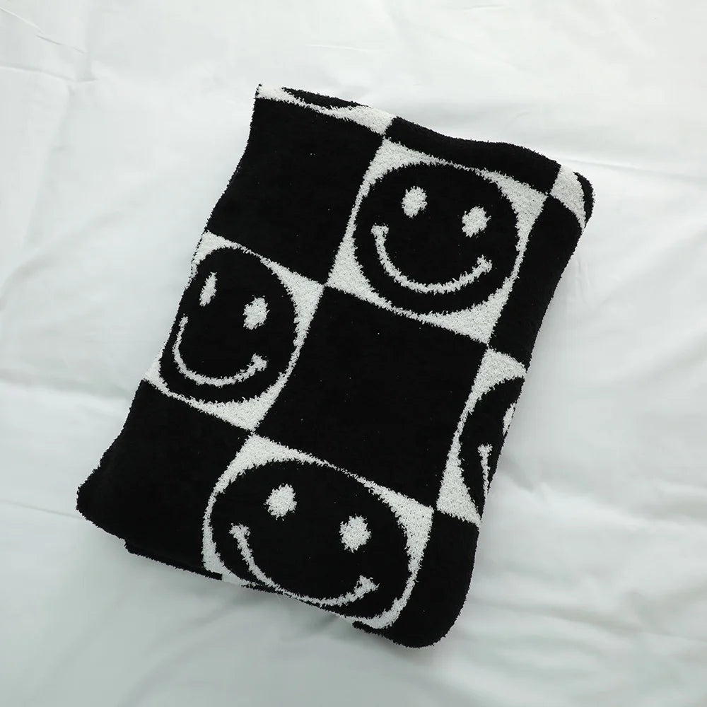 Customizable Smiley Face Double-Sided Thermal Knit Throw Chunky Black White Fleece Beach