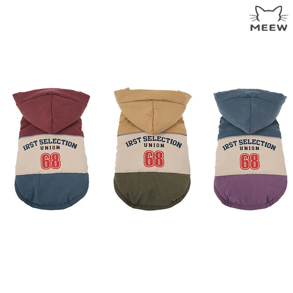 Vintage Color Block Hooded Dog Vest Winter Warm Pet Coat Retro Letter Number Print